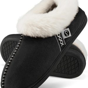 Slippers for Women House Shoes: Comfy Memory Foam Slippers with Fuzzy Faux Fur Collar Non-skid Rubber Sole Indoor/Outdoor
