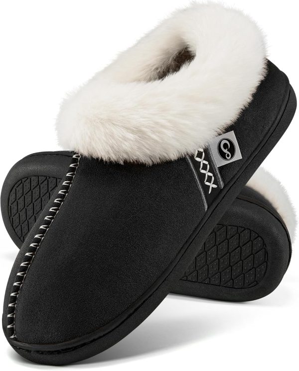 Slippers for Women House Shoes: Comfy Memory Foam Slippers with Fuzzy Faux Fur Collar Non-skid Rubber Sole Indoor/Outdoor
