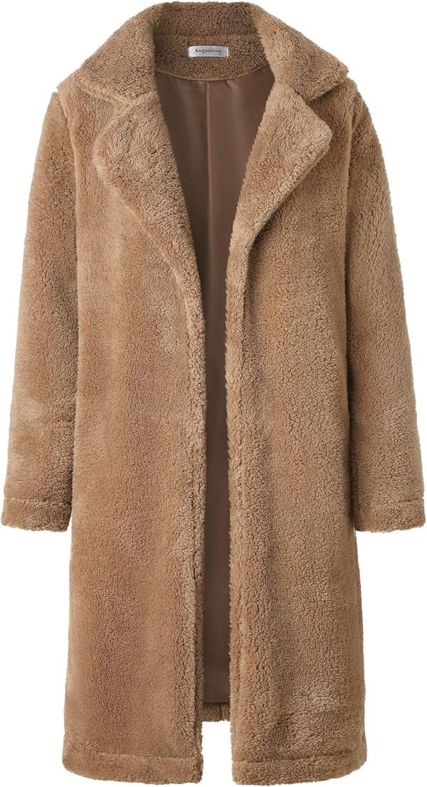Angashion Women's Fuzzy Fleece Lapel Open Front Long Cardigan Coat Faux Fur Warm Winter Outwear Jackets - Image 5