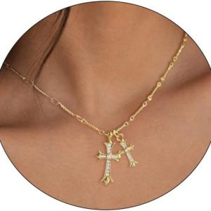 Cross Necklace 14K Gold/Silver Plated Double Cross Pendant Necklace Dainty Diamond Cross Charm Link Chain Choker Delicate Faith Jewelry Religious Gifts for Women