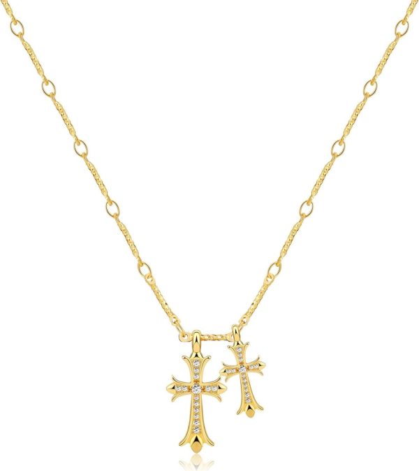 Cross Necklace 14K Gold/Silver Plated Double Cross Pendant Necklace Dainty Diamond Cross Charm Link Chain Choker Delicate Faith Jewelry Religious Gifts for Women - Image 6