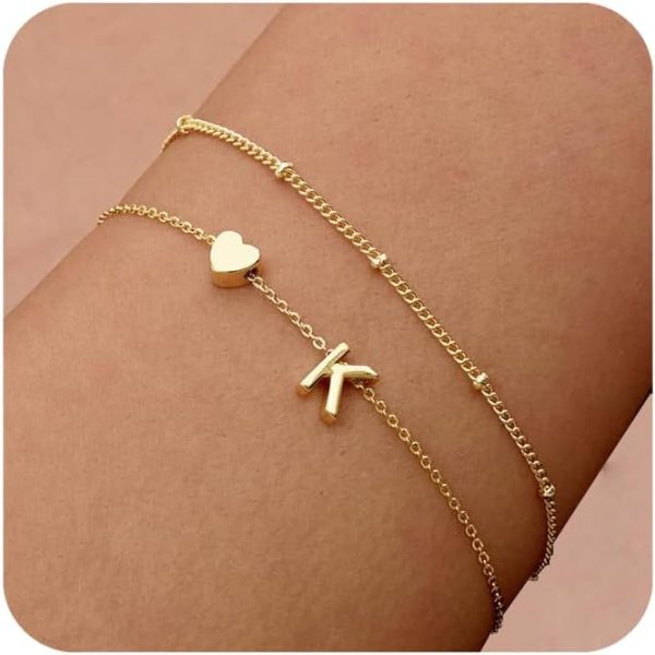 DEARMAY Dainty Initial Heart Gold Bracelets for Women Trendy, 14K Real Gold Letter Charm Bracelet Jewelry Cute Simple Fashion Chain Bracelets for Women Gift