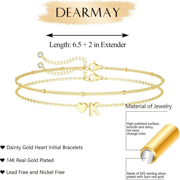 DEARMAY Dainty Initial Heart Gold Bracelets for Women Trendy, 14K Real Gold Letter Charm Bracelet Jewelry Cute Simple Fashion Chain Bracelets for Women Gift - Image 3