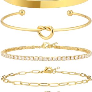 IDJEOABL Gold Bracelet for Women Stack 14K Real Gold Plated Bangle Cuff Bracelet Set Gold Beaded Tennis Paperclip Cuban Link Chain Bracelets for Women Trendy Non Tarinish
