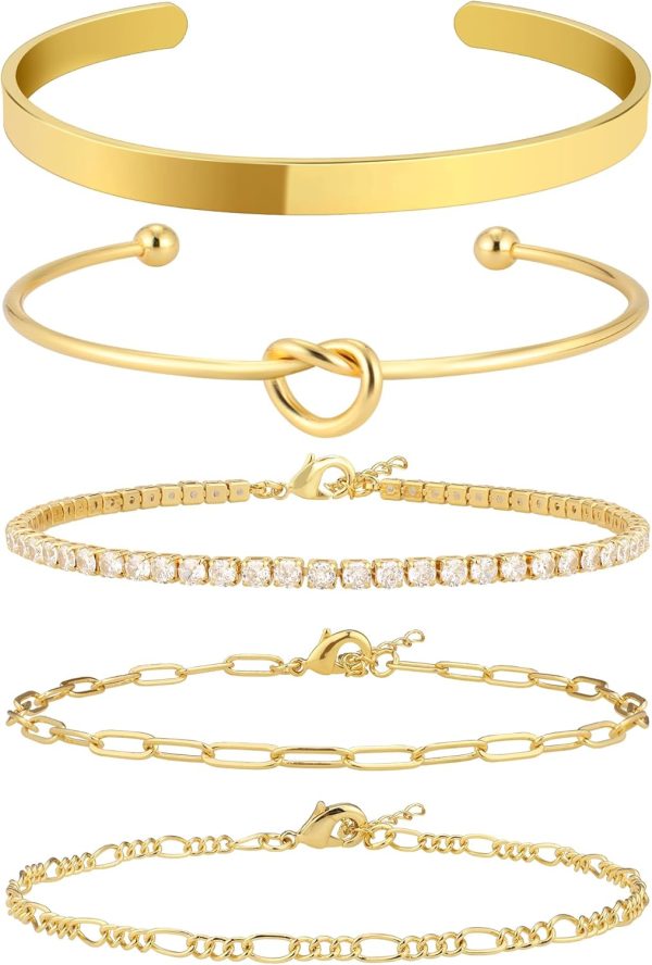 IDJEOABL Gold Bracelet for Women Stack 14K Real Gold Plated Bangle Cuff Bracelet Set Gold Beaded Tennis Paperclip Cuban Link Chain Bracelets for Women Trendy Non Tarinish