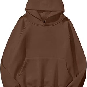 Lauweion Women Solid Basic Fleece Letter Loose Hoodie Sweatshirt Long Sleeve Kangaroo Pocket Drop Shoulder Pullovers Top