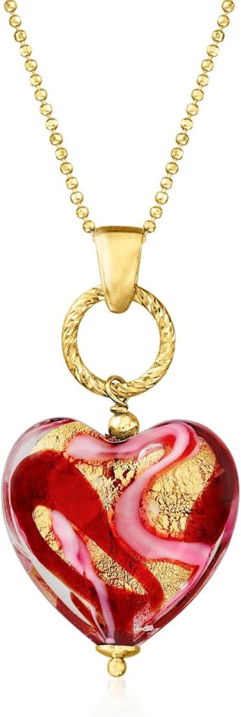 Italian Red and Pink Murano Glass Heart Necklace in 18kt Gold Over Sterling