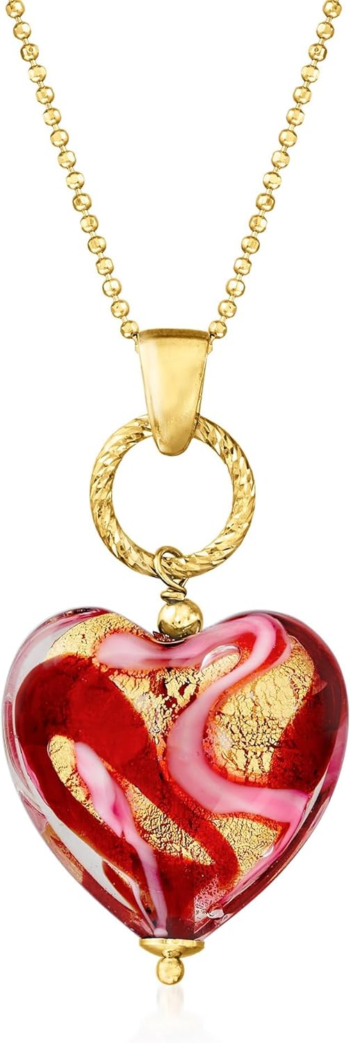 Italian Red and Pink Murano Glass Heart Necklace in 18kt Gold Over Sterling