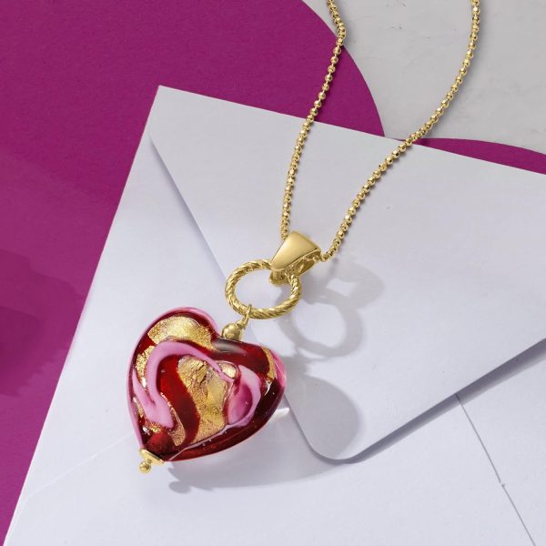 Italian Red and Pink Murano Glass Heart Necklace in 18kt Gold Over Sterling - Image 4