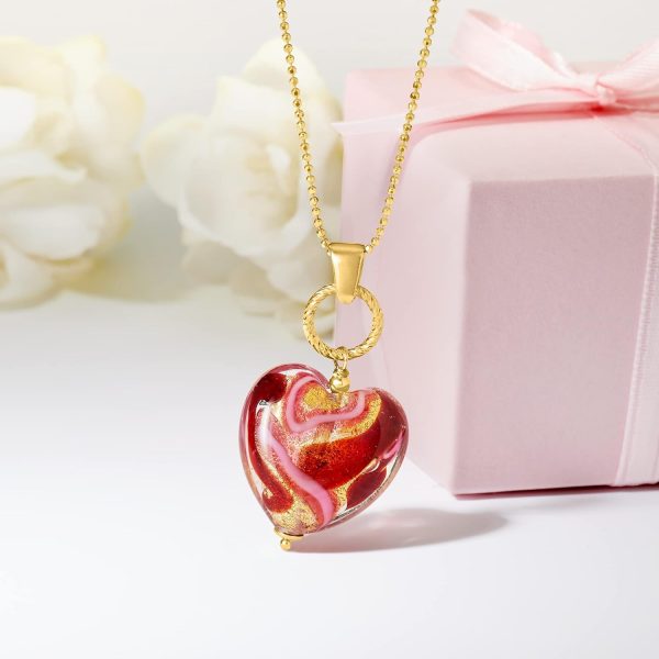 Italian Red and Pink Murano Glass Heart Necklace in 18kt Gold Over Sterling - Image 5
