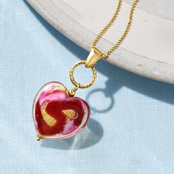 Italian Red and Pink Murano Glass Heart Necklace in 18kt Gold Over Sterling - Image 6