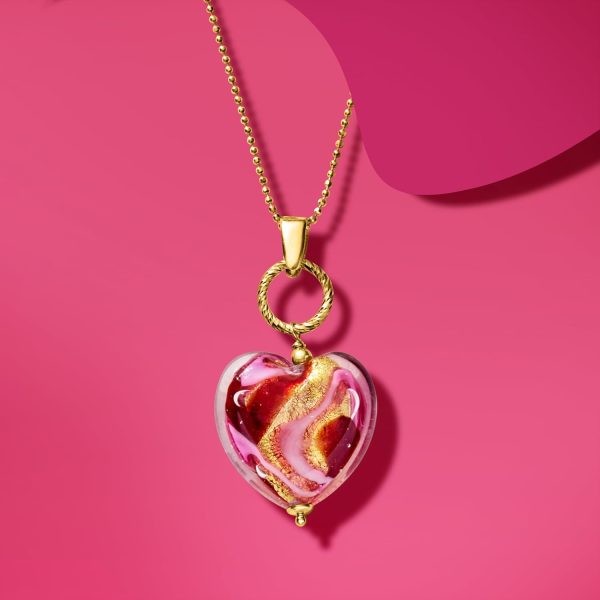 Italian Red and Pink Murano Glass Heart Necklace in 18kt Gold Over Sterling - Image 7