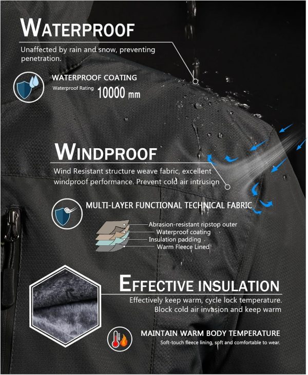 SPOSULEI Mens Skiing Jackets with Hoode Snowboarding Waterproof Fleece Liner Coats Windproof Winter Raincoat Multi Pockets - Image 2