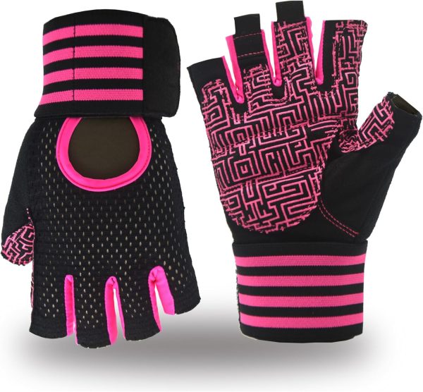 Weightlifting Gloves Padded Workout Gloves with Wrist Wrap Support Gym Gloves for Women Girls Gym Exercise Fitness Training Lifting Dumbbell Pink